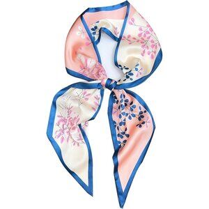 Women's Pink Flowers Blue Fashion Oblique Angle Silk Neck Scarf Printed Scarves